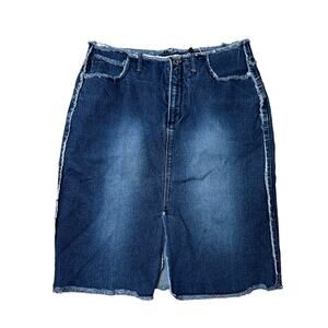 Y2K LaZer Denim Skirt Knee Length Front Split Low Rise Fringe 11 Retro Vintage